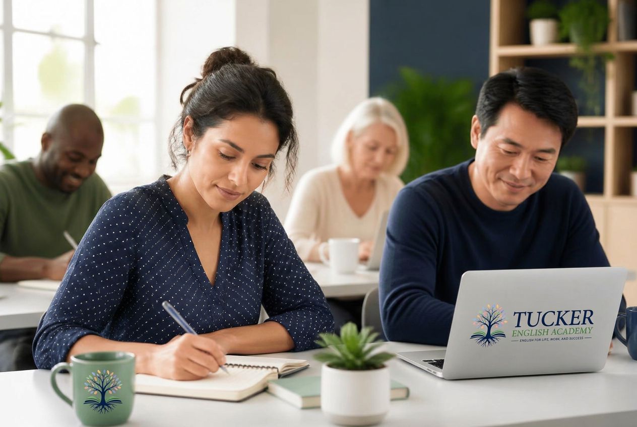 Adult English learners studying together in a bright classroom